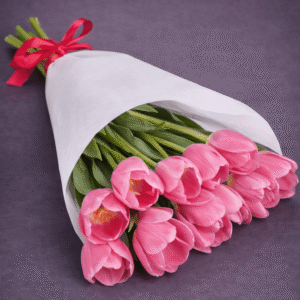 Pink Tulip Bouquet with Red Ribbon
